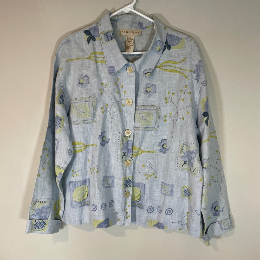 Sweet Jessie Blue Floral Lemon Linen Button Down Shirt Shacket M Cottagecore